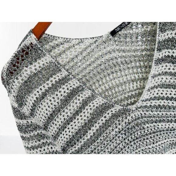 NIC + ZOE Open Knit Sweater V-Neck Tunic Gray White Oversized Sweater Size 2X - Picture 3 of 8